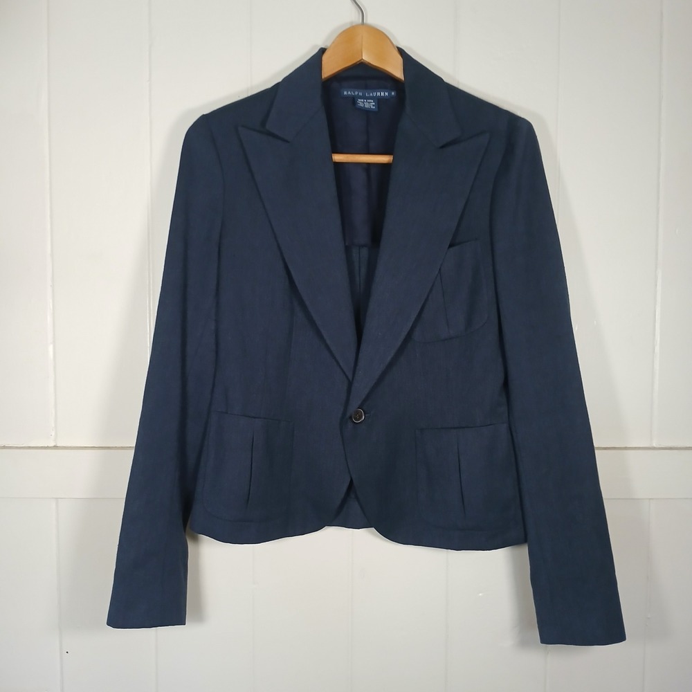 Ralph Lauren Made in Japan Blazer Women 8 Navy Blue Linen Silk Blend Peak Lapel